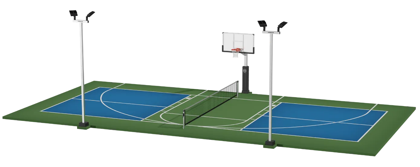 Backyard court render with a 72 inch hoop, two double light poles and an in-ground pickleball net