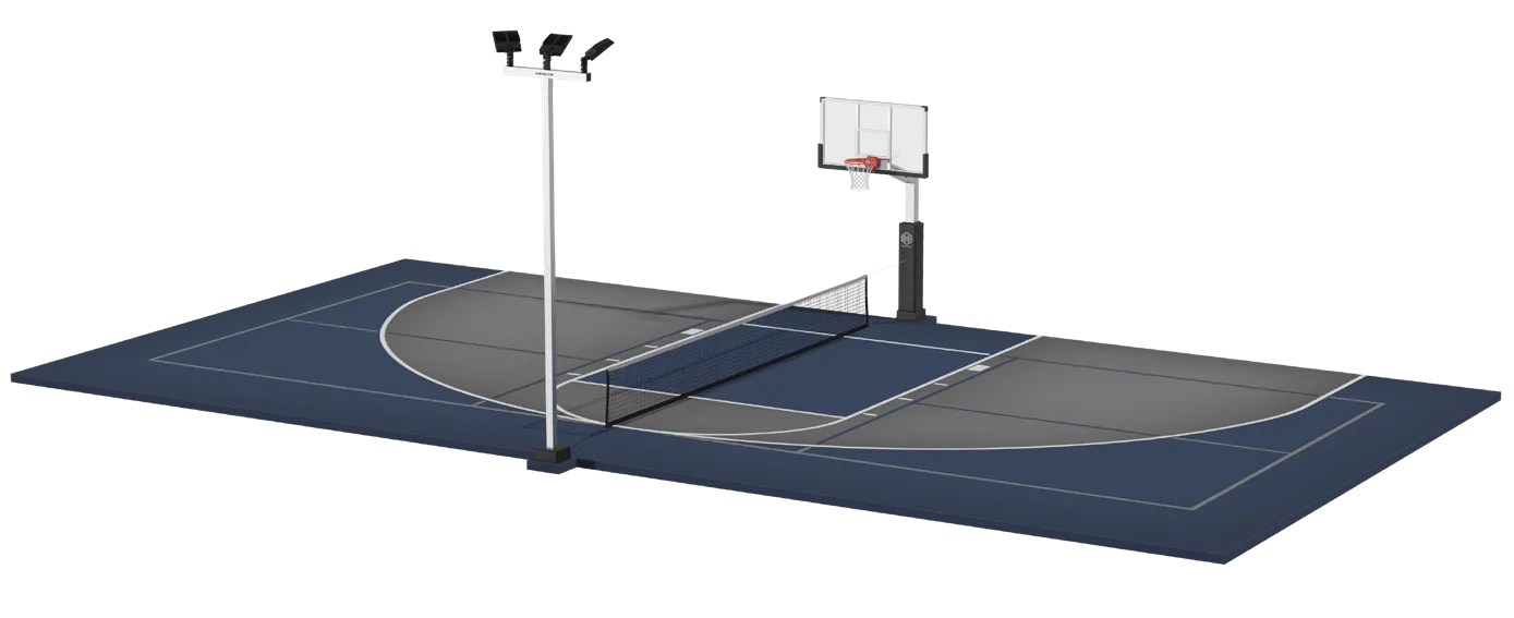 Backyard court render with a 72 inch hoop, a triple light pole and a pickleball net
