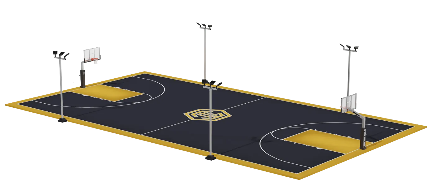 Full size backyard basketball court render with two hoops and four triple light poles