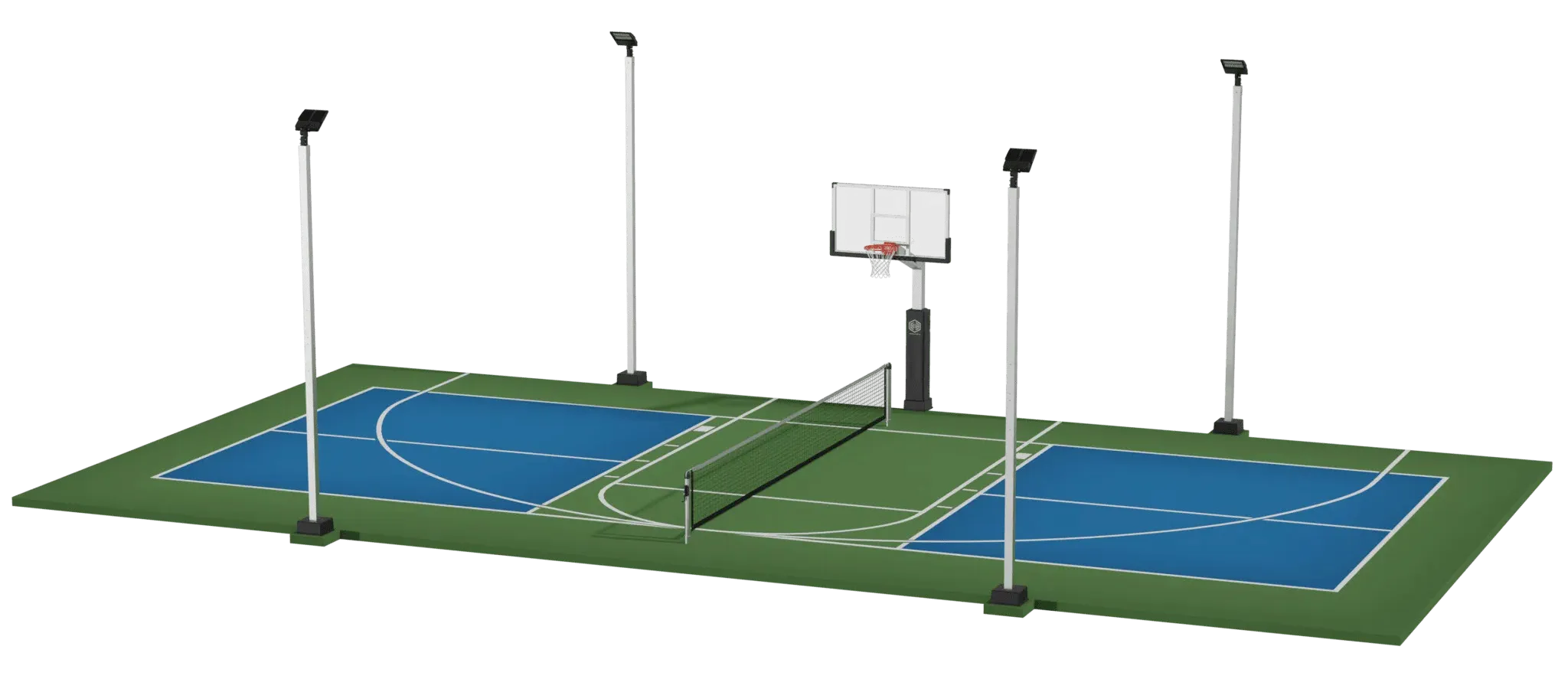 Backyard court render with four single light poles surrounding a pickleball court