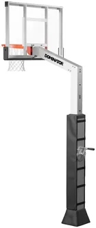 The same 54 inch hoop from the front left, with the height guide decal running up the pole beside the crank and the black joint cover part way up.