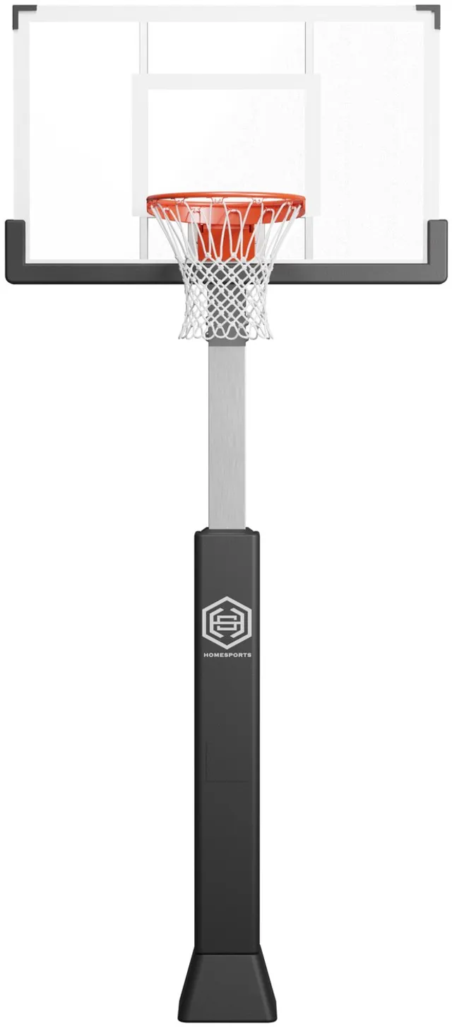 The 54 inch hoop head on, the full width of the glass board square to the camera with the orange breakaway rim centred and the pole hidden directly behind it.