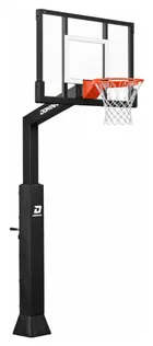 The 54 inch hoop in black powder coat: black pole, black pole pad and black backboard frame around a clear tempered glass board.