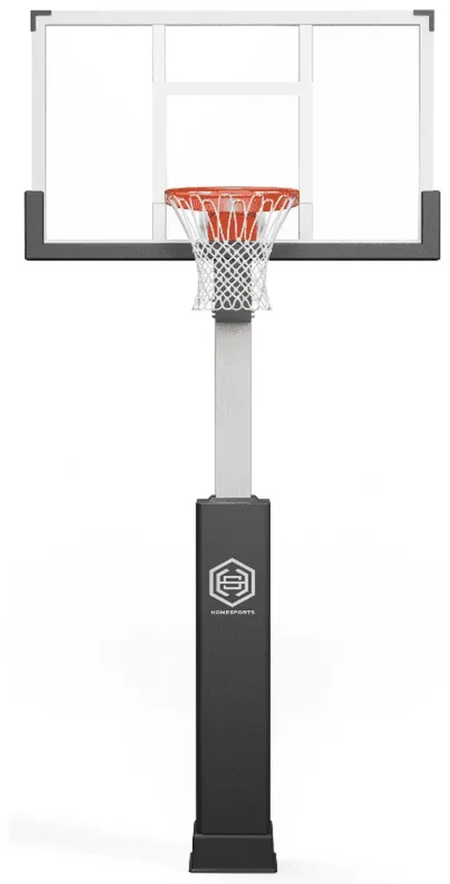 The 60 inch hoop head on, the glass board square to the camera, noticeably wider than the 54 with the rim centred and the pole behind it.