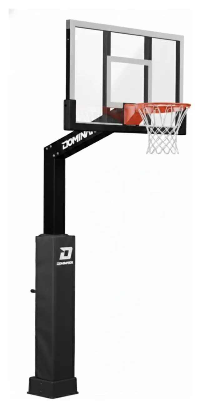 The 60 inch hoop in black powder coat: black pole, black pole pad and black backboard frame around a clear tempered glass board.
