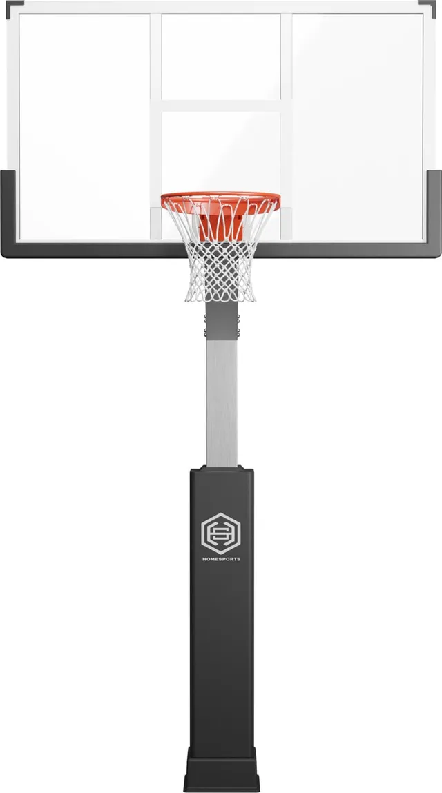 Dominator 72 by 42 inch laminated glass hoop seen square on, at full regulation width. The board is clear enough to see through, framed in black, with the orange breakaway rim centred and the brushed aluminum pole behind it.