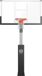 Dominator 72 by 42 inch laminated glass hoop seen square on, at full regulation width. The board is clear enough to see through, framed in black, with the orange breakaway rim centred and the brushed aluminum pole behind it.