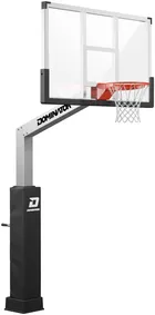 Dominator 72 by 42 inch laminated glass hoop seen front left, the clear board carried out to the right on a brushed aluminum arm with the Dominator wordmark along it, over a black padded pole with the height crank low on its left.