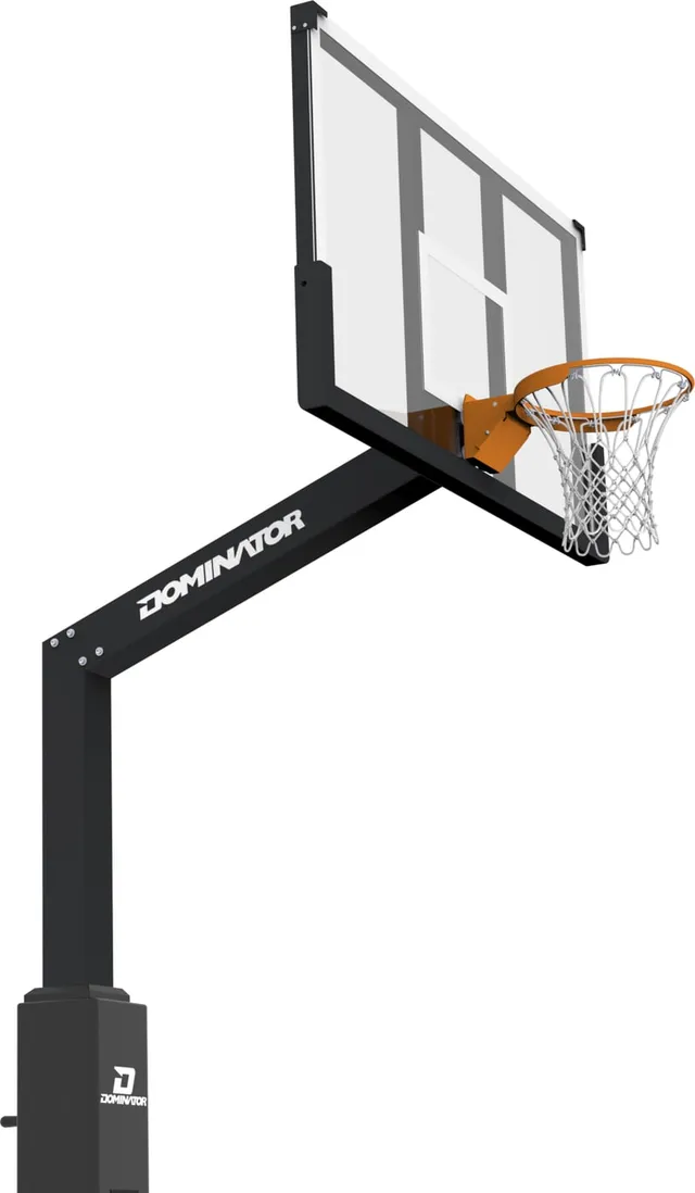 Dominator 72 inch glass hoop in the black powder coat finish, seen from the front left with the clear board carried on a matt black arm and pole.