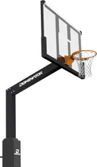 Dominator 72 inch glass hoop in the black powder coat finish, seen from the front left with the clear board carried on a matt black arm and pole.