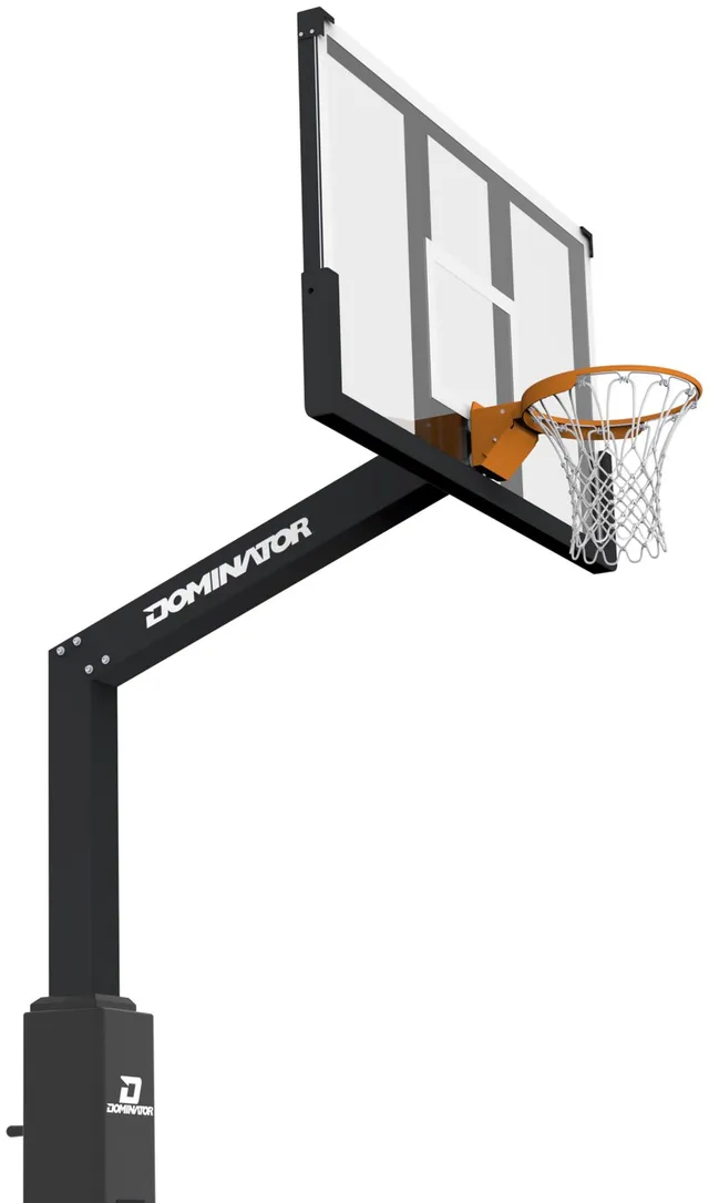 The black 72 inch glass hoop from further back and to the left, showing the whole standing height of the pole and how far the four foot arm carries the board out from it.