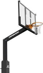 The black 72 inch glass hoop from further back and to the left, showing the whole standing height of the pole and how far the four foot arm carries the board out from it.
