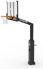 The black 72 inch hoop side on, showing the Dominator wordmark down the black overhang arm, the height crank on the pole and the orange rim against the glass.