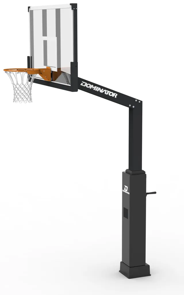 The black 72 inch hoop side on, showing the Dominator wordmark down the black overhang arm, the height crank on the pole and the orange rim against the glass.