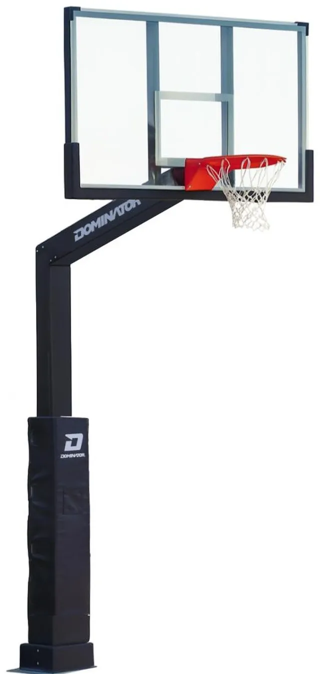 The 72 inch glass hoop in black powder coat, seen front left at the same angle as the brushed version. The board stays clear while the arm, pole and pad are all matt black.