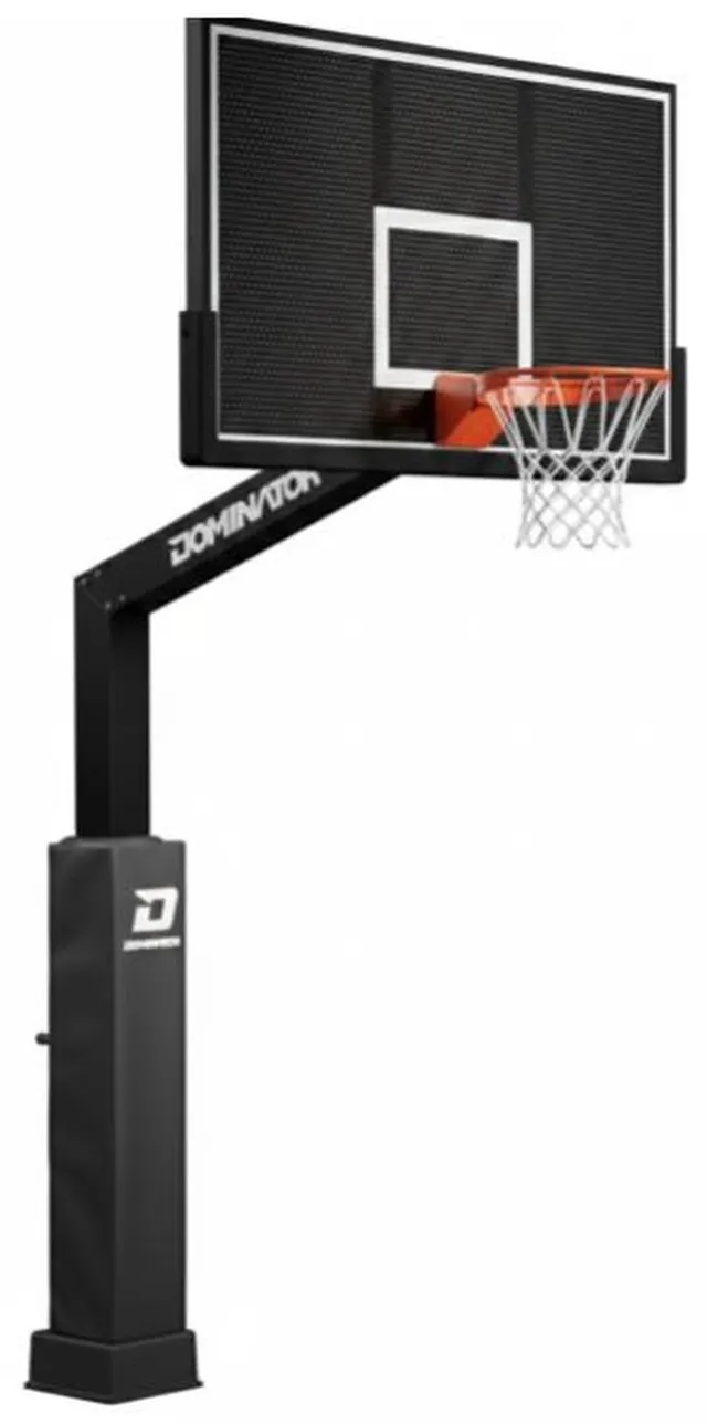 Dominator 72 Pro hoop in the black powder coat finish, seen from the front left. The 72 by 42 inch board is perforated aluminum with a white shooting square, the overhang arm carries the Dominator wordmark in white, and the pole, pad and base are all matt black.