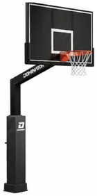 Dominator 72 Pro hoop in the black powder coat finish, seen from the front left. The 72 by 42 inch board is perforated aluminum with a white shooting square, the overhang arm carries the Dominator wordmark in white, and the pole, pad and base are all matt black.