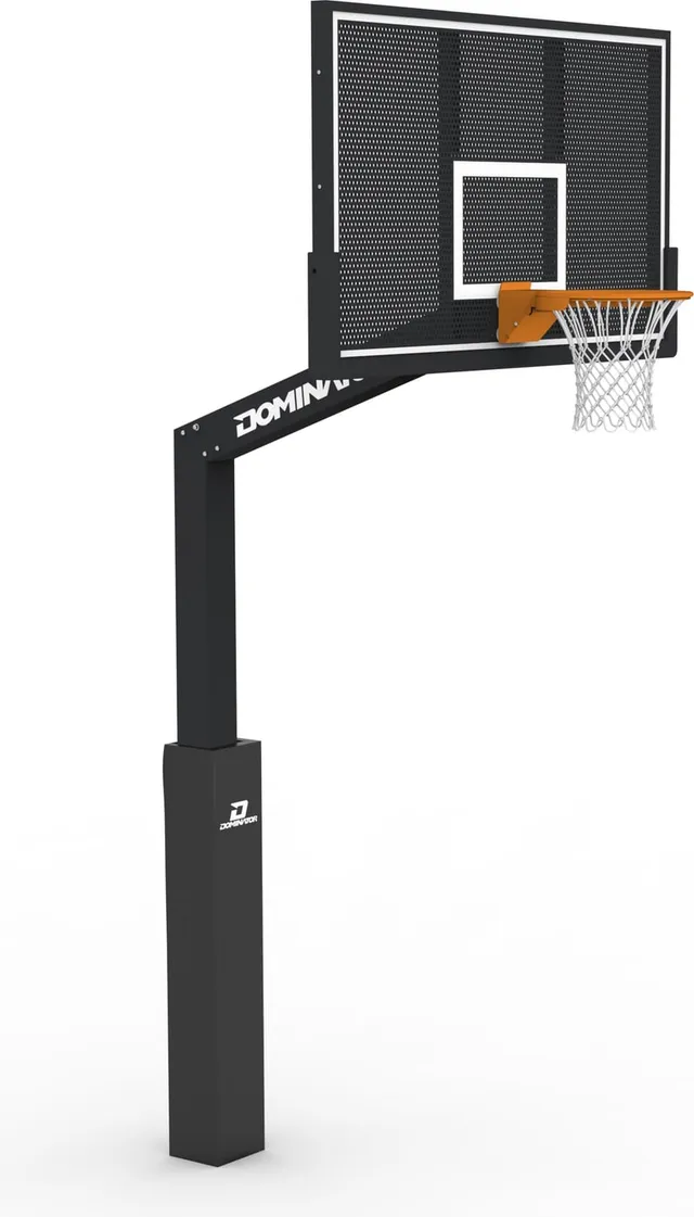 The fixed height hoop three-quarter on, showing the Dominator wordmark on the overhang arm and the plain post below it.