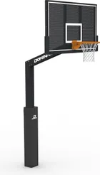 The fixed height hoop three-quarter on, showing the Dominator wordmark on the overhang arm and the plain post below it.