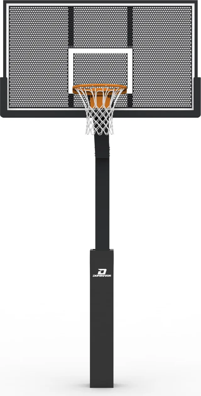 The fixed height hoop square on from the front, the dark perforated board with the rim centred and the post running straight down behind it.
