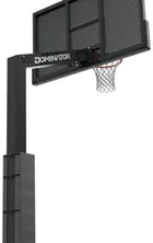 Dominator fixed height Pro hoop from the front left, a black perforated aluminum board on a black 6 by 6 post with no crank anywhere on it.