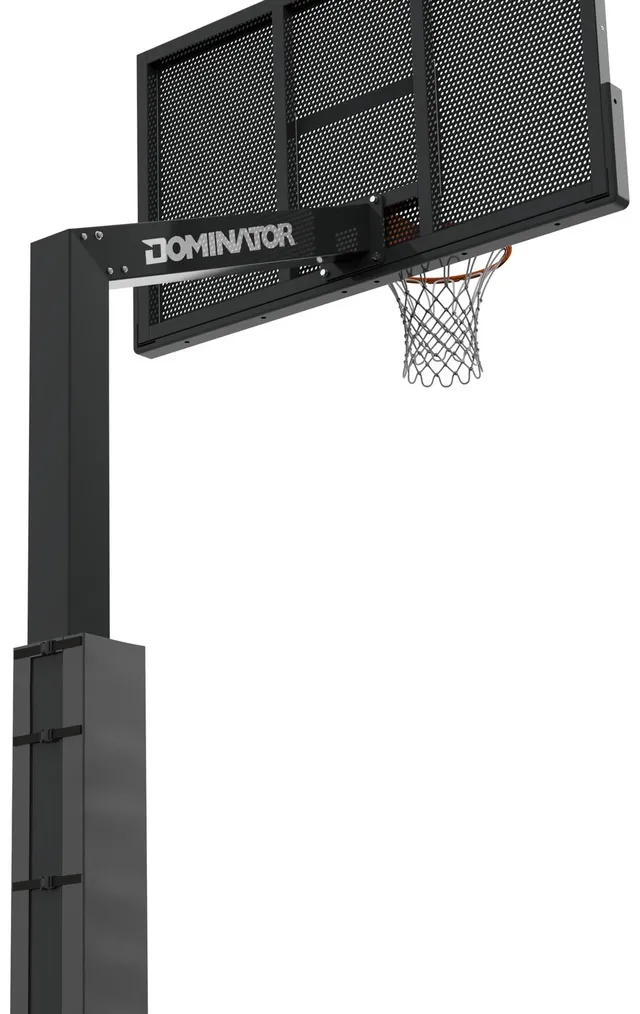 Dominator fixed height Pro hoop from the front left, a black perforated aluminum board on a black 6 by 6 post with no crank anywhere on it.