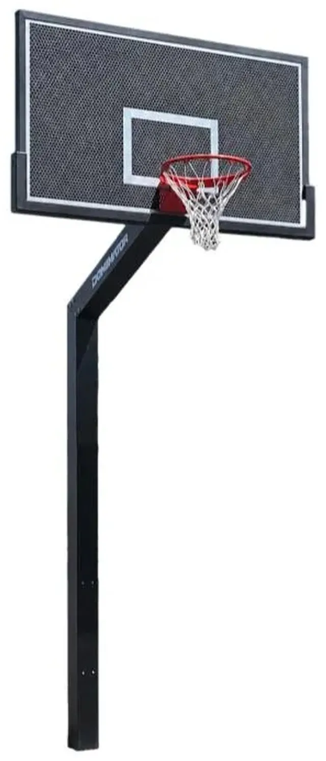 The fixed height 72 inch hoop seen front left at the same angle as the adjustable models. A black perforated aluminum board on a plain black post that runs straight into the ground, with no pole pad and no crank.