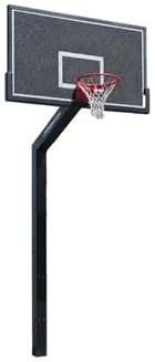 The fixed height 72 inch hoop seen front left at the same angle as the adjustable models. A black perforated aluminum board on a plain black post that runs straight into the ground, with no pole pad and no crank.