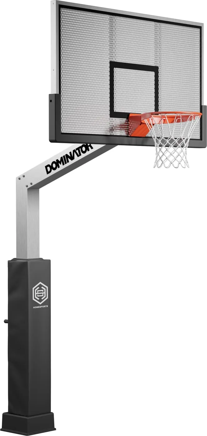 Dominator 72 Pro hoop seen square on, its 72 by 42 inch backboard a sheet of perforated aluminum rather than glass, with the orange breakaway rim centred on it.