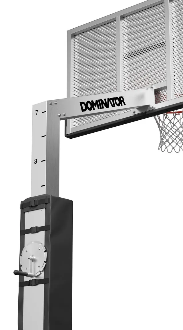 The 72 Pro from the front left, showing the Dominator wordmark along the overhang arm and the 7 and 8 foot marks of the height guide on the pole below it.