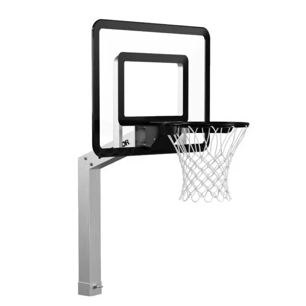 Dominator poolside hoop as a product render, a 40 by 30 inch clear acrylic board with a black surround on a short square pole.