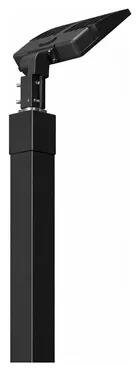 The same black head from a lower angle, showing the bracket and the square black pole below it.