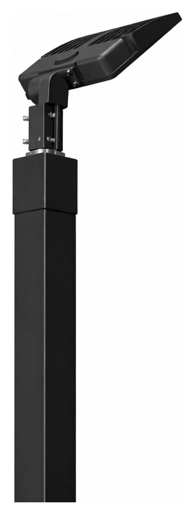 The same black head from a lower angle, showing the bracket and the square black pole below it.