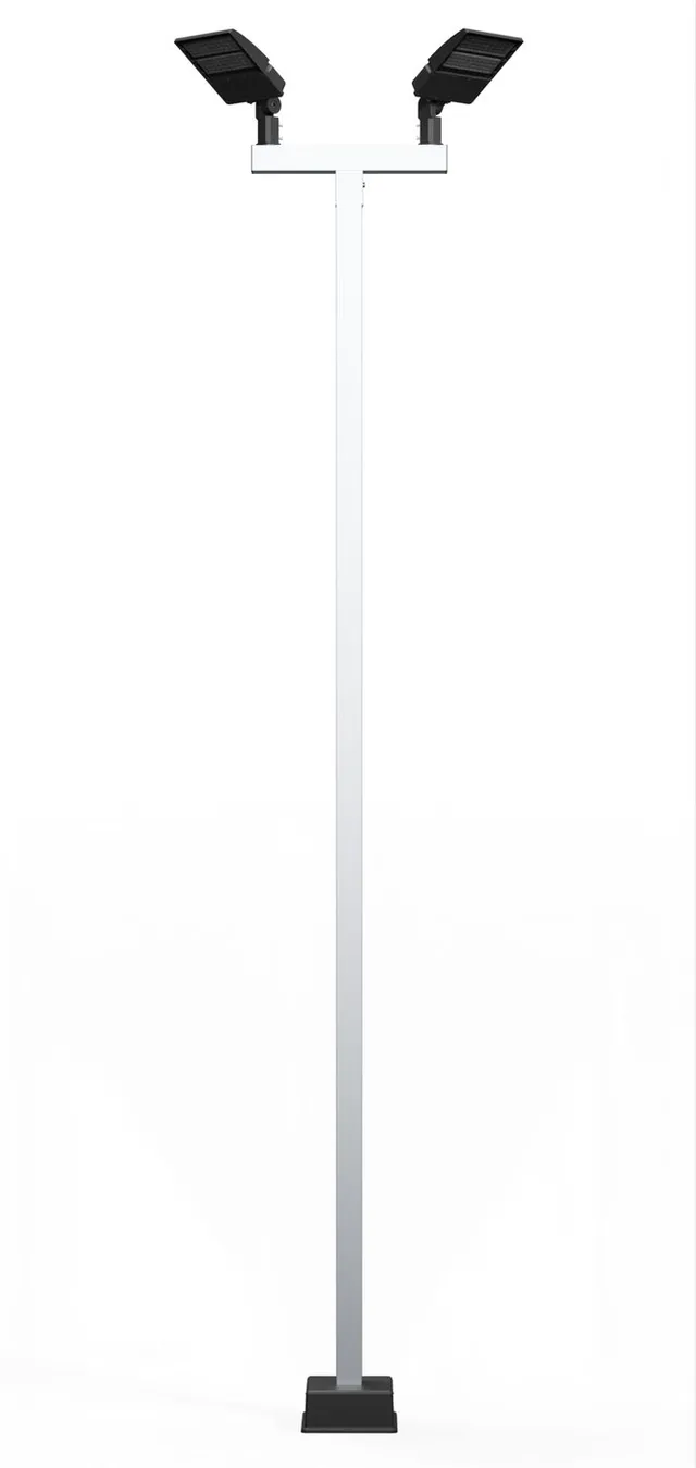 The top of a double pole seen from the front, both heads mounted out on the crossbar either side of the post.