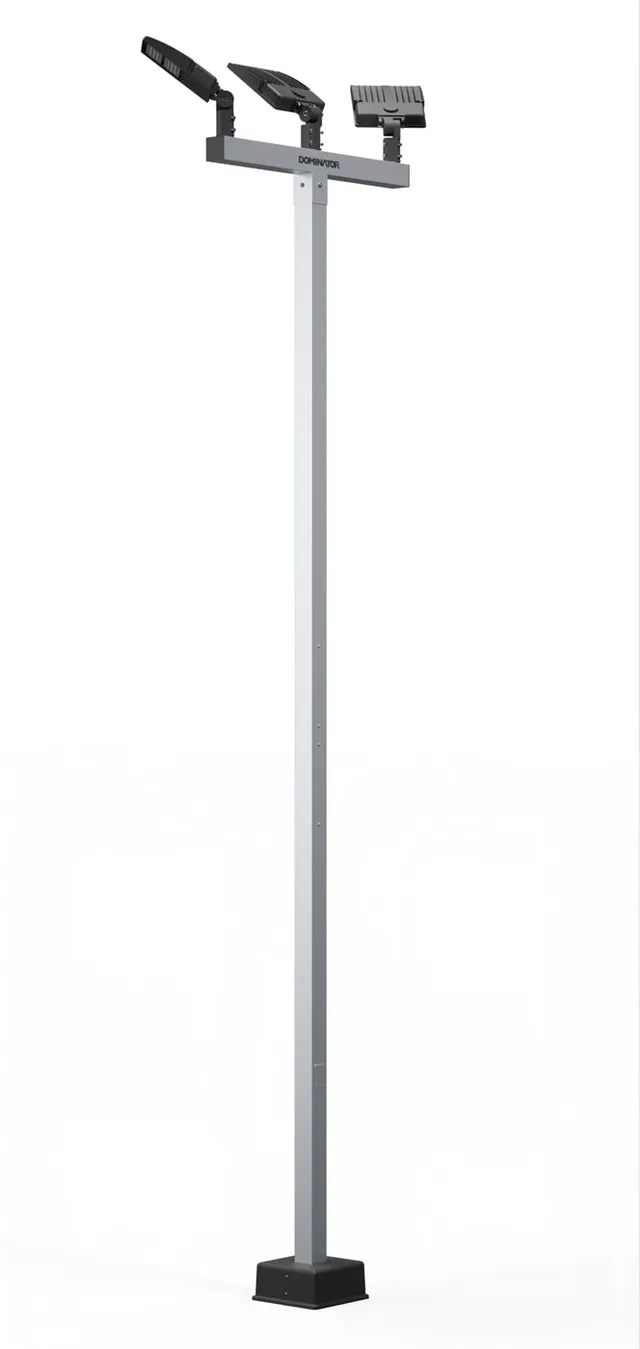 A 16 ft Dominator light pole with a 46 inch crossbar carrying three LED heads, shown as a product render.