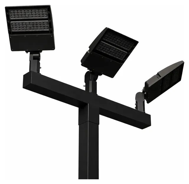 Three black LED heads on a black crossbar, the outer two turned outward and the centre one facing forward.