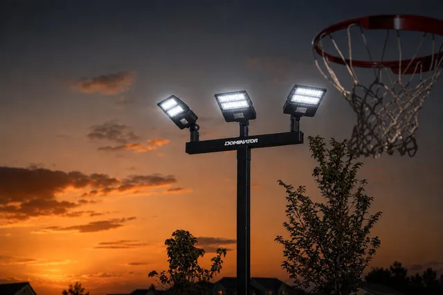 A black three head light pole lit against an orange sunset sky, the Dominator wordmark on the crossbar and a basketball net in the corner of the frame.