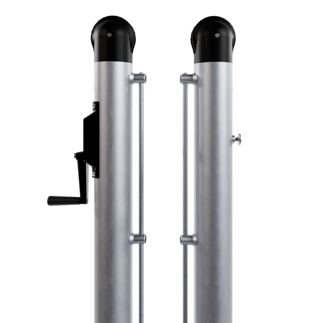 Both square posts standing with the net laced between them, showing the full system as it sits on a court.