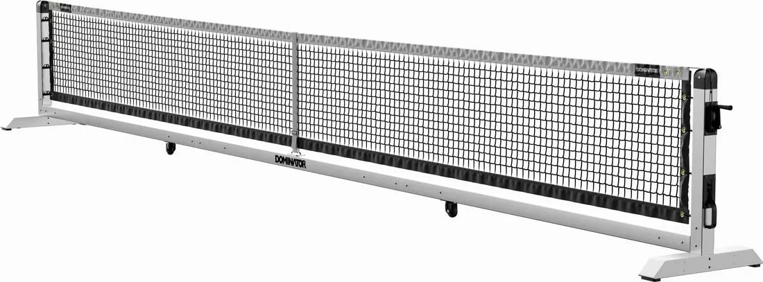 Render of the Dominator Pro Max portable pickleball net in brushed aluminum: a 271 inch frame on square 2.95 inch posts, with a lift handle at one end that raises the wheels off the court.