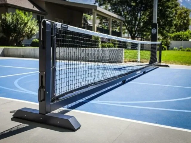 The black Pro Max net across a blue outdoor court seen along its length from one end, its wide feet flat on the surface, trees and a house behind.