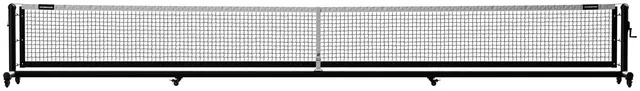 The black Pro net square on, the full span of net stretched between the two powder coated posts.