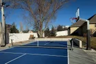 The Pro net standing across a blue home court in winter sun, with a basketball hoop at the far end and a white fence behind.