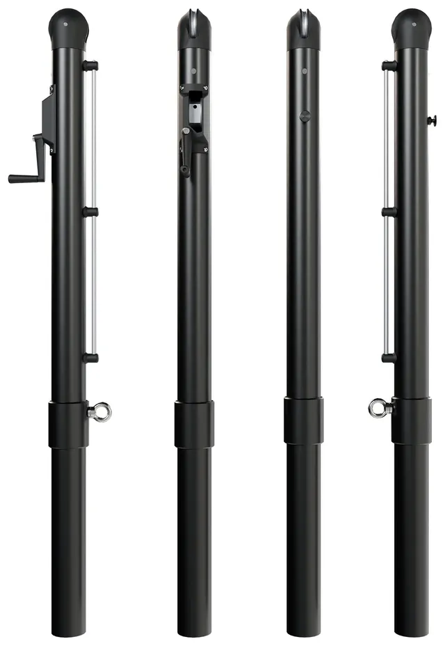 The round in-ground pickleball post in black powder coat, shown from four sides, each with the telescoping lower section that drops into the ground sleeve.