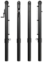The round in-ground pickleball post in black powder coat, shown from four sides, each with the telescoping lower section that drops into the ground sleeve.