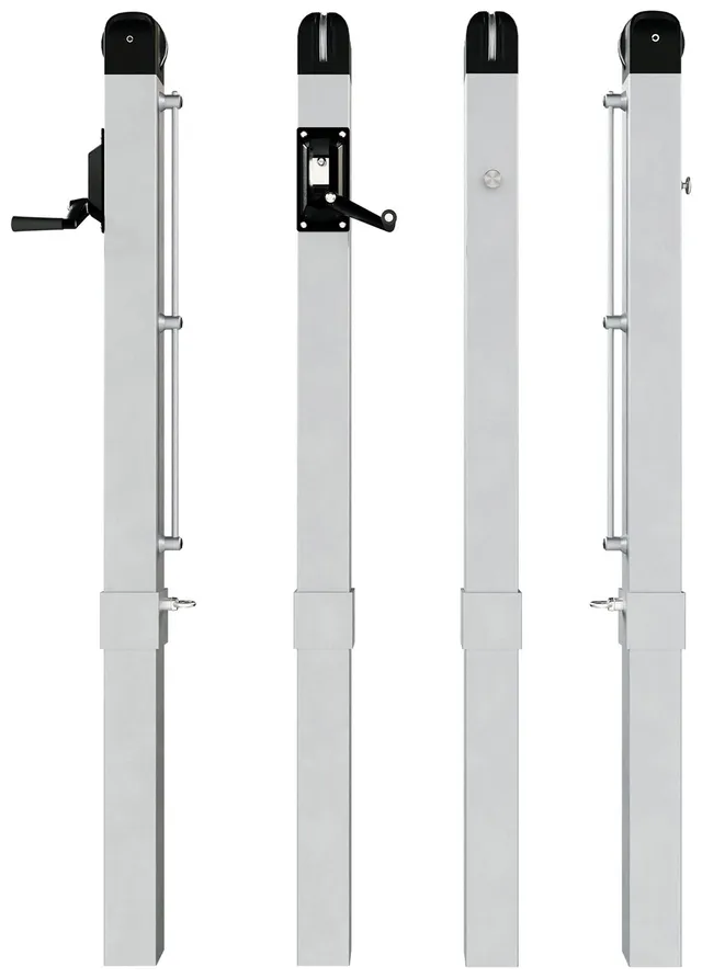 The same square post turned through a further set of angles, showing the crank on one face and the plain faces on the others.