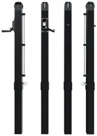 The square in-ground pickleball post in black powder coat, shown from four sides, each with the lower section that drops into the ground sleeve.