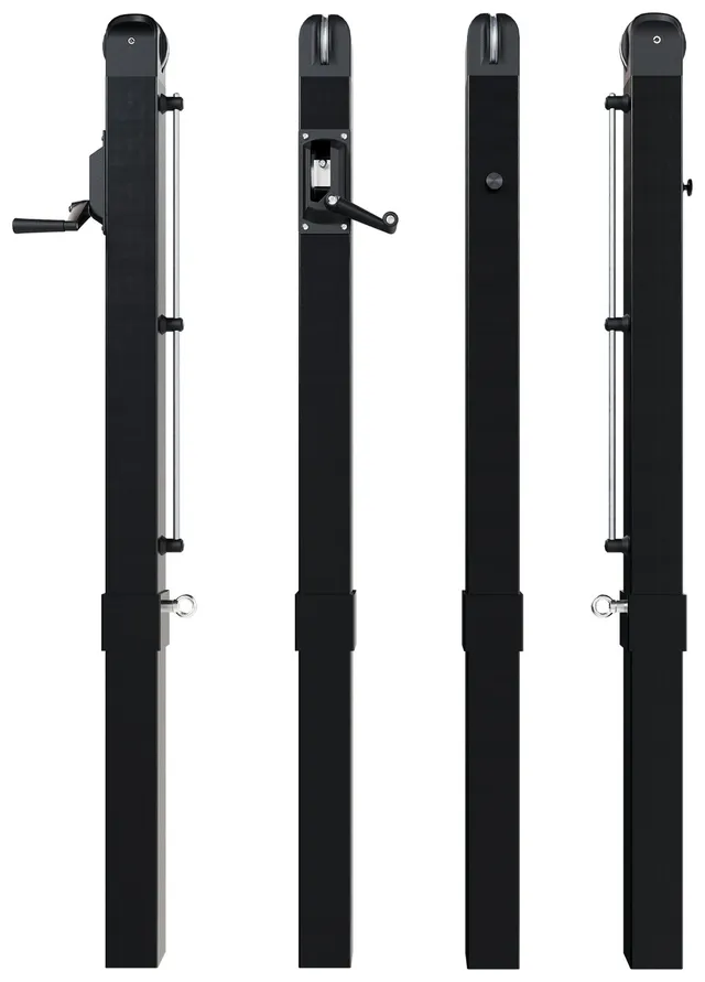 The square in-ground pickleball post in black powder coat, shown from four sides, each with the lower section that drops into the ground sleeve.