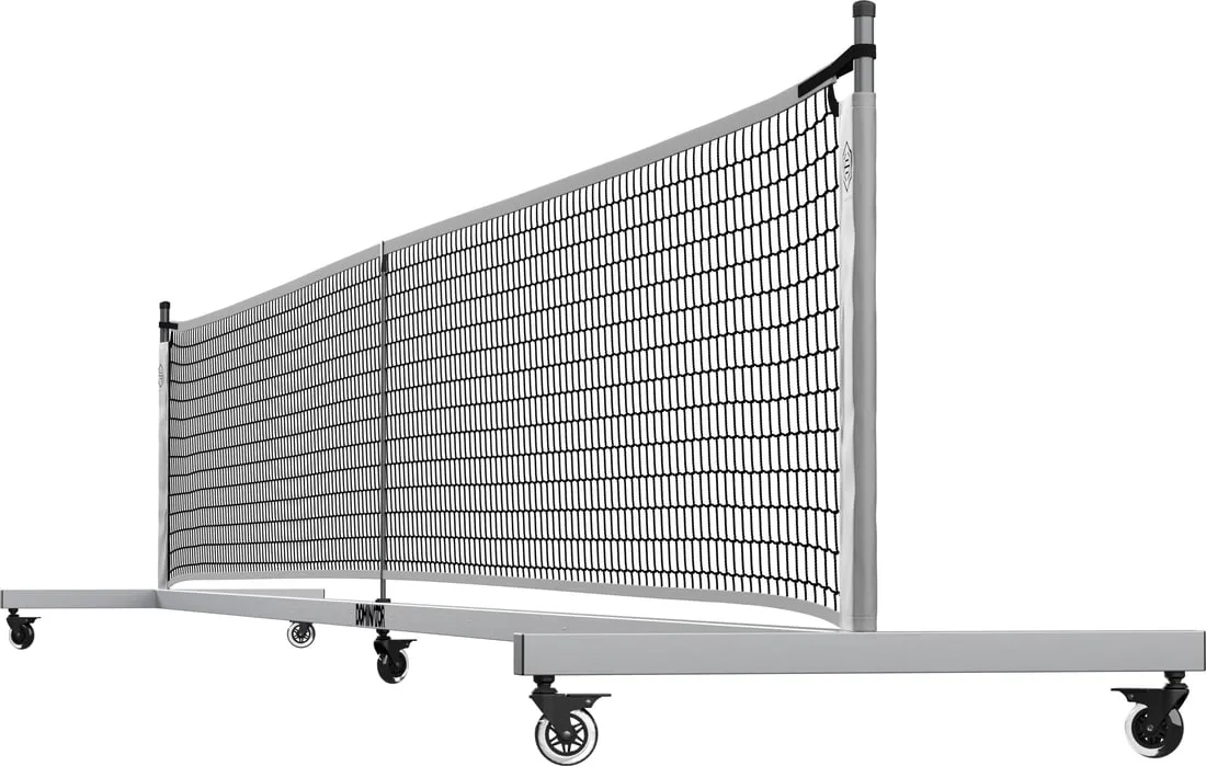 Dominator Standard portable pickleball net seen square on, a black net on a slim square aluminum frame standing on four small locking wheels.