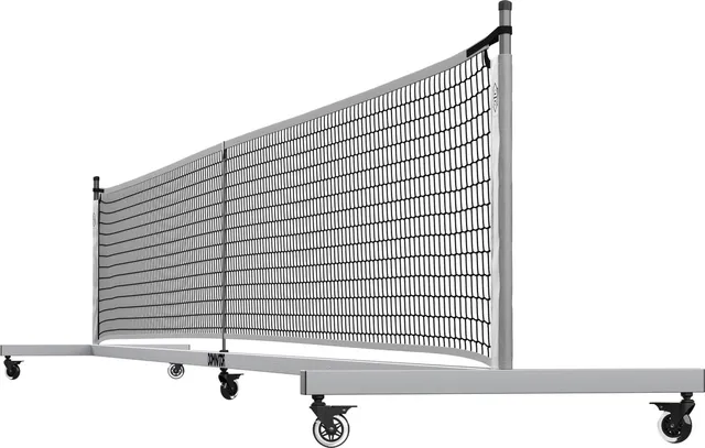 Dominator Standard portable pickleball net seen square on, a black net on a slim square aluminum frame standing on four small locking wheels.