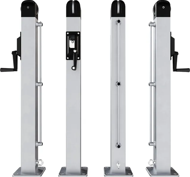 The surface mount pickleball post shown from four sides, each one standing on its square base plate with the anchor bolt holes visible at the corners.